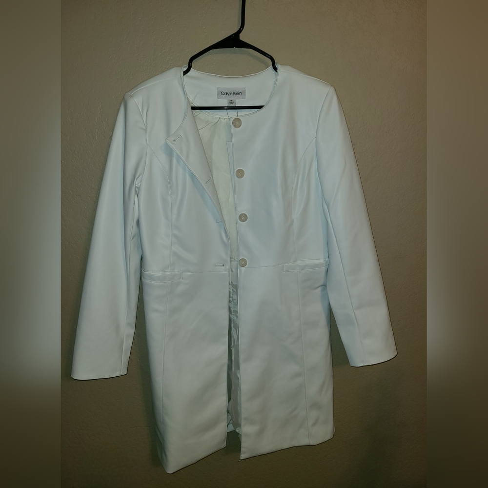 Calvin Klein size 10 Long White Jacket Faux Leather